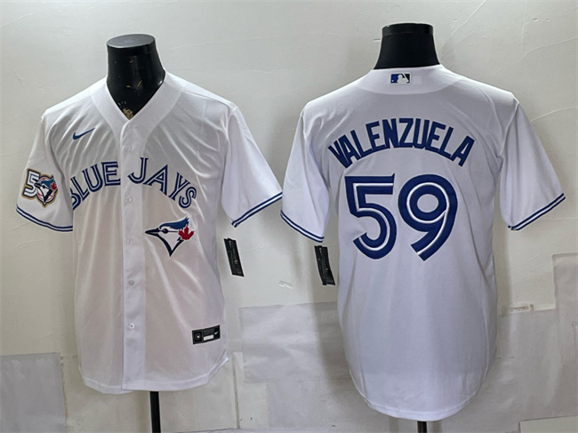 Men's White Toronto Blue Jays #59 Brandon Valenzuela 50 Seasons Patch Stitched Baseball Jersey